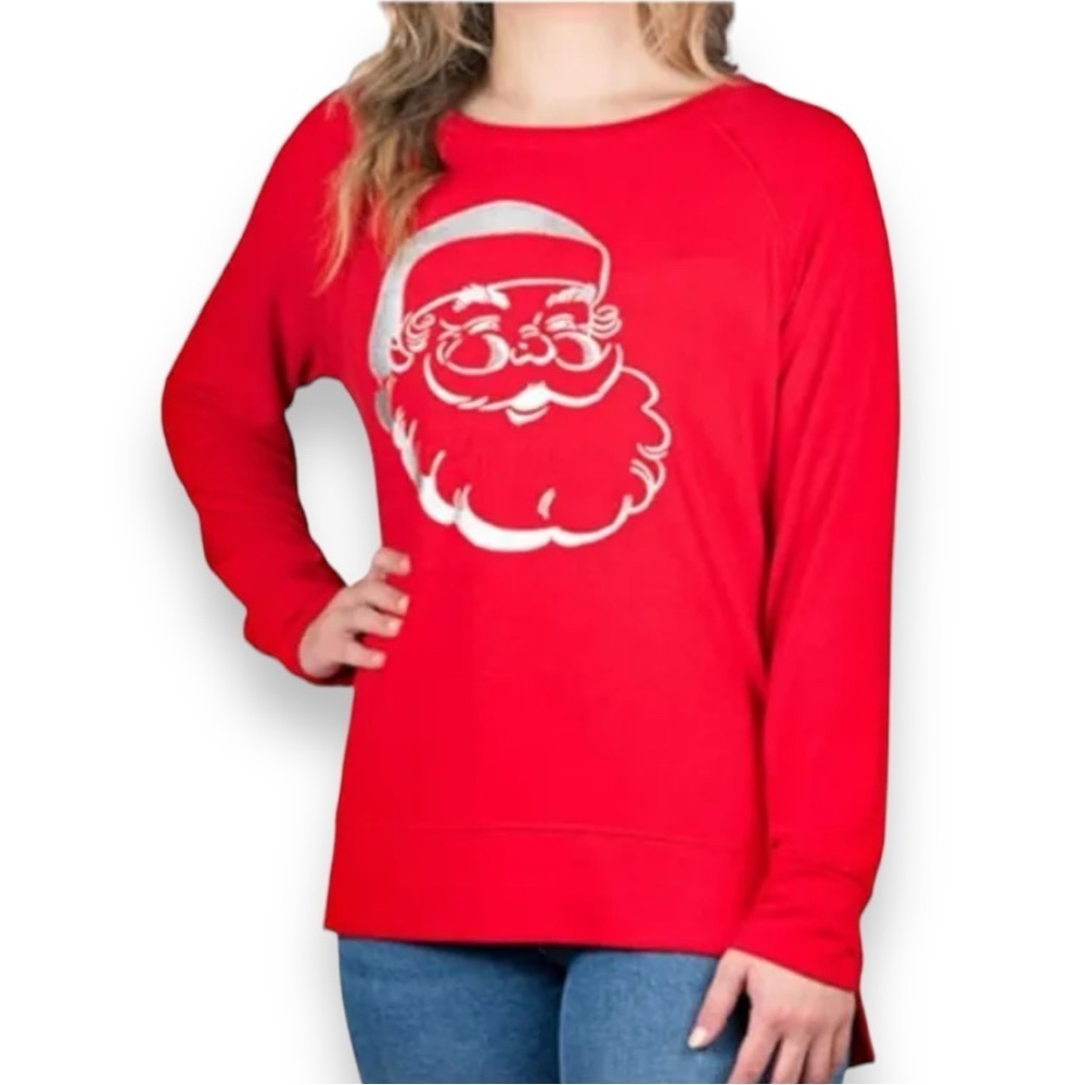 Silver Santa Holiday Red Long Sleeve Top Split Side Hi-low Sizes L, XL
